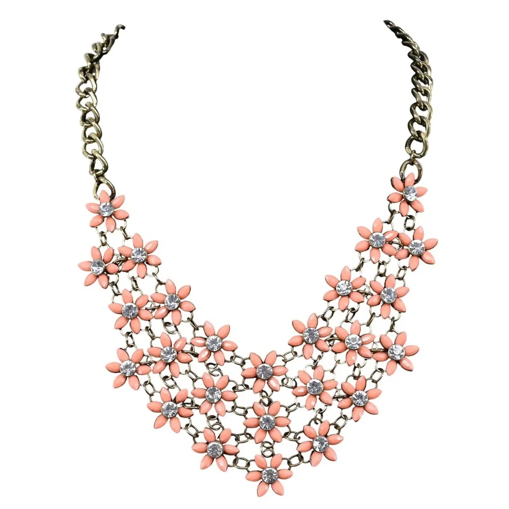 Peach Floral Bib Statement Necklace Gold Tone Enamel Daisy Rhinestone Tiered